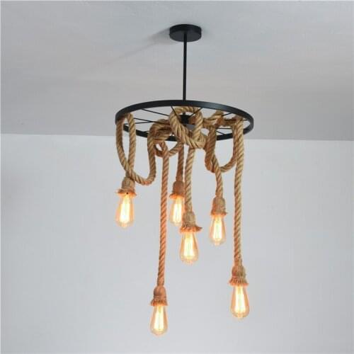 Retro Black Iron Wheel Pendant Lights Vintage Hemp Rope Hanging Lamps Country Restaurant Bar Cafe Vintage Deco Light Fixture E27
