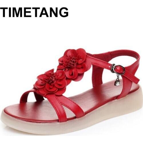 TIMETANG2020 Summer Low Heels Woman Sandals Non-slip Soft Bottom Plus Size Red Sandals Girls Flower Genuine Leather Shoes Women