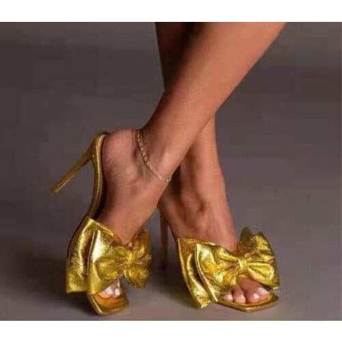 Woman Gold Purple Big Bow Tie Butterfly Knot Slip On Heels Slippers Female Square Toe Party Sandals Shoes Lady Big Size 45