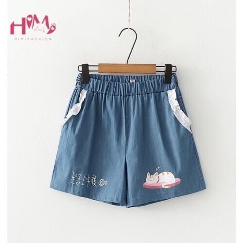 Kawaii Denim Shorts Women Korean High Waisted Cute Cat Summer Shorts Teen Girl Sweet Lace Loose Short Jeans Dropshipping 2020