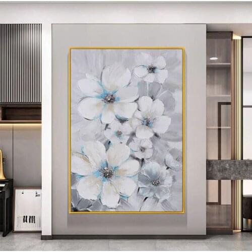 Modern Nordic Oil Painting on Canvas Wall Art Poster Light Blue Flowers Wall Picture for Living Room Home Decoration No Frame