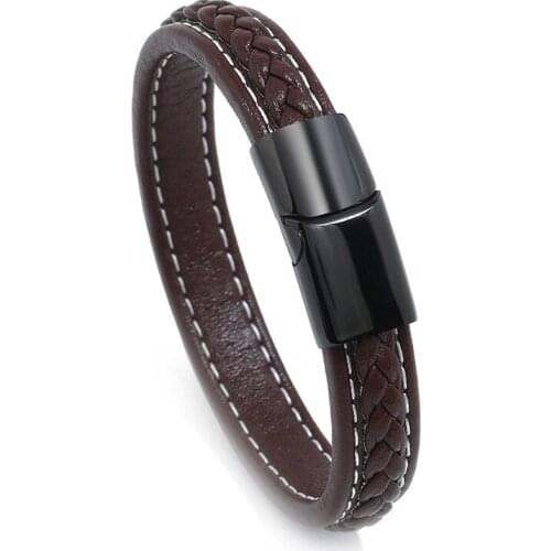 All-match Simple Trend Men and Women Leather Stainless Steel Magnetic Bracelet Woven Imitation Cowhide Bracelet Bracelet
