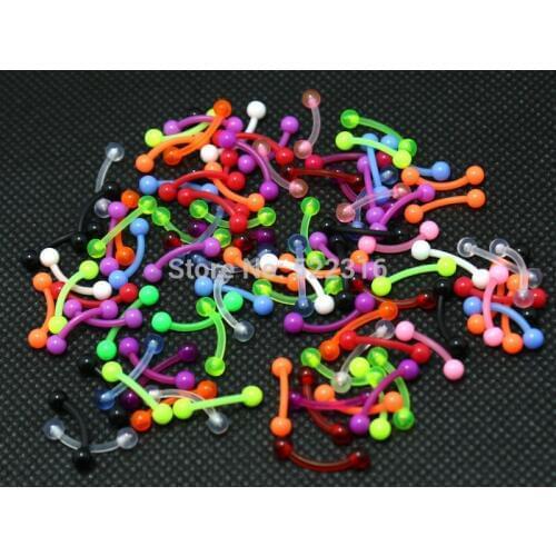 Eyebrow jewelry curved ring mix color 100pcs body piercing jewelry flexible barbell acrylic ball wholesale