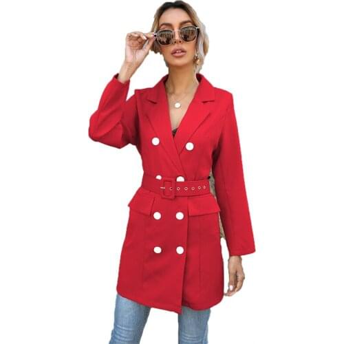 Womens Spring and Autumn Plus Size Blazer Coat 2021 New Temperament Lapel Fashion Slim Belt Mid-length Khaki White Clothes N918