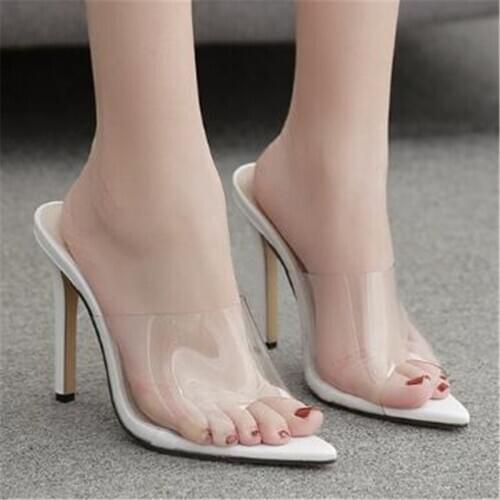 Women sandals PVC Slip On 11.5cm Thin Heels High heels Pointed Toe Shallow women shoes sandalias mujer 2020 size 35-42 white