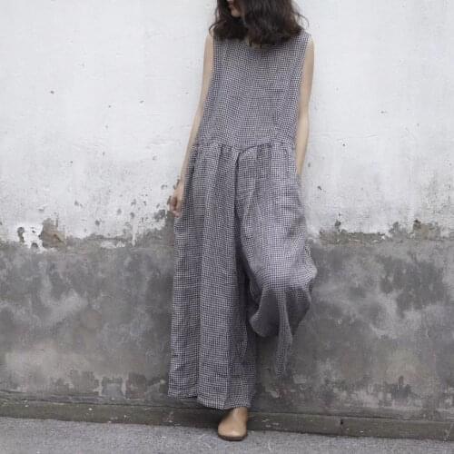 Women Plaid Loose Casual Retro Jumpsuits Ladies Pladi Vintage Overalls Female Linen Rompers Summer 2018