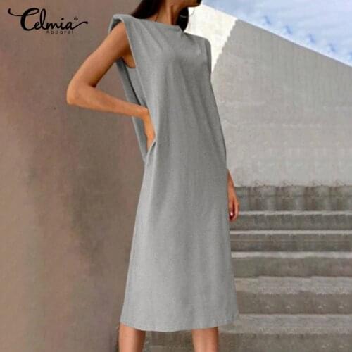 2021 Summer O-Neck Sleeveless Vests Sundress Celmia Women Fashion Casual Loose Midi Dress Solid Vestidos S- Dress
