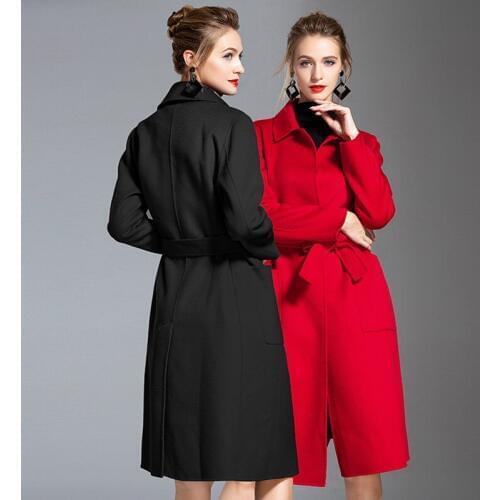 Long woolen blends cashmere coats for women 2019 autumn winter ladies jackets plus size overcoat black red water corrugated