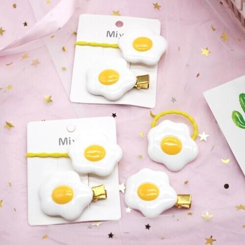 2Pcs/set Women Girls Headwear Set Cute Poached Egg Hairpins Elastic Rubber Bands Acrylic Hair Clips Hair Bands Hair Accessories