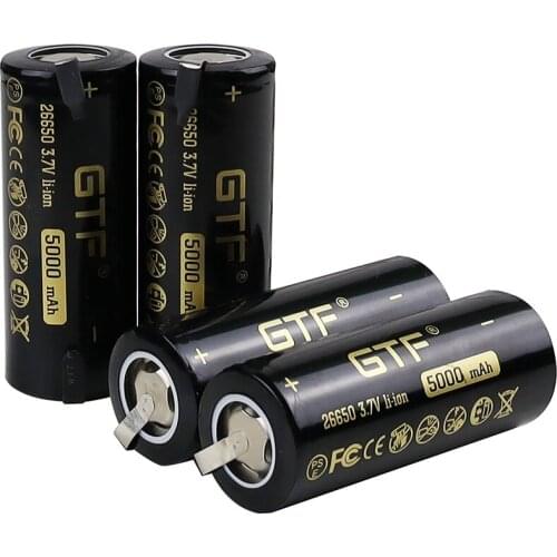 2020 New GTF 26650 5000mAh 100% capacity 3.7V Li-Ion Rechargeable Battery for Flashlight flat head batteries + DIY nicke