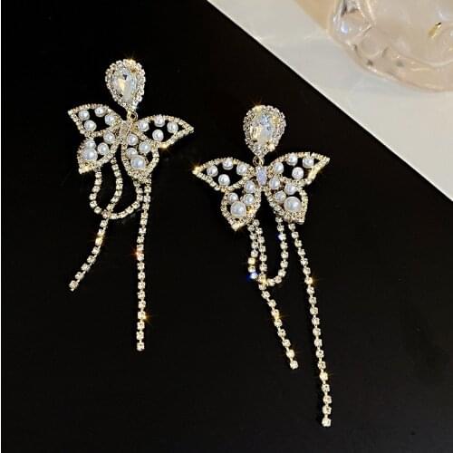 2021 South Korea New Pearl Water Drop Butterfly Earrings Fashion Temperament Tassel Long Hollow Pendant Earrings Womens Jewelry