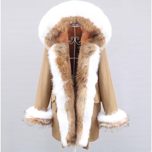 7XL Long Parka Winter Jacket Women Natural Raccoon Fur Collar Real Fur Coat Color matching Hood Cuffs Thick Warm Outerwear New