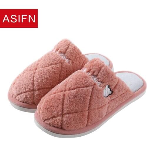 ASIFN Simple Women Fur Winter Slippers Home Warm Cotton Bedroom Indoor Ladies Flat Shoes Slides Couples House Furry Slippers