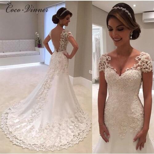 Illusion Vestido De Noiva White Backless Lace Mermaid Wedding Dresses Cap Sleeve Wedding Dress Vintage wedding Dress W0200