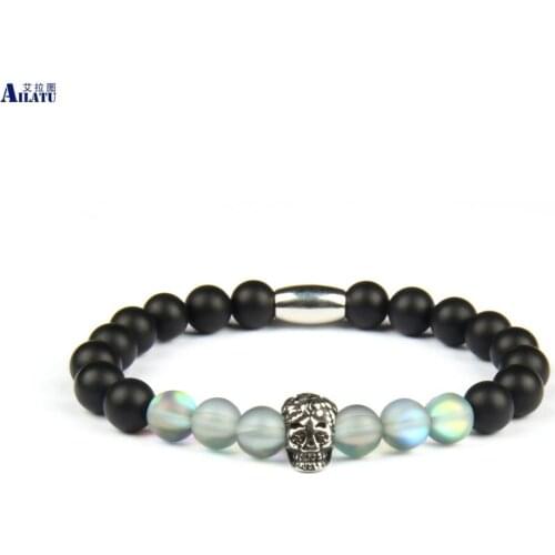 Ailatu New Stainless Steel Rose Skull, Sparta & Lion Head Beaded Bracelet with 8mm Natural Stone Beads Never Fade