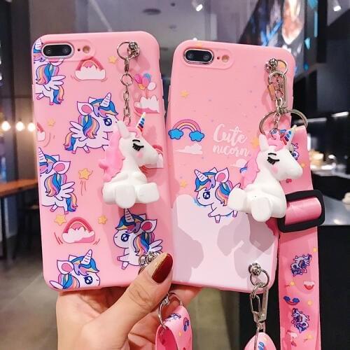 For iPhone 11 Pro Xs Max Xs XR 6 7 8Plus Case Unicorn Rainbow Horse TPU Case Stand Holder Soft Phone Strap Rope Case