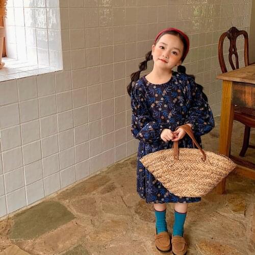 Girl Baby Latern Sleeve Dresses 2021 Autumn and Winter New Girls Forest Floral Mid-length Dress Children Aline Holiday Dress