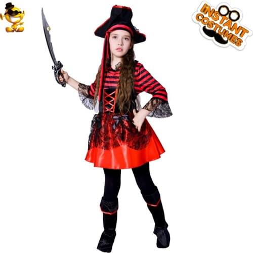 DSPLAY Kids Girls Fire Red Pirate Dress Christmas High Quality Fantasia Cute Pirate Costume Halloween Carnival Children Gifts