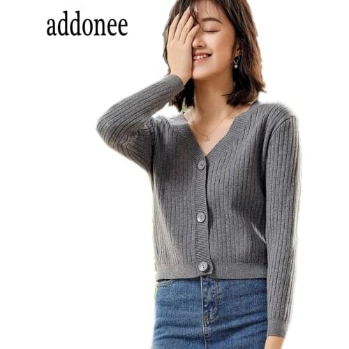 2020 Latest Spring Autumn Young Women Female V-Neck Knitted Short Sweater Cardigan Coat Casual Solid Sexy Fashion Soft Sweet