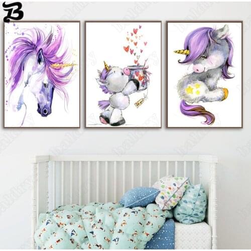 Canvas Painting for Living Room Purple Unicorns Wall Art Cartoon Posters and Print Animal Wall Pictures for Kids Room Home Decor