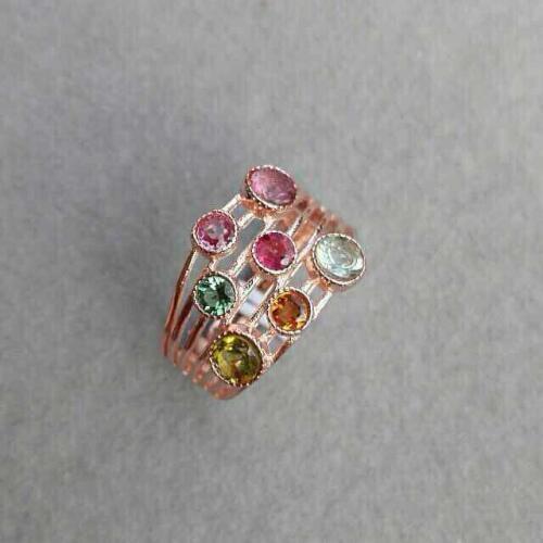 Natural multicolor tourmaline gem Ring Natural gemstone ring S925 sterling silver trendy Elegant array Crude women girl Jewelry