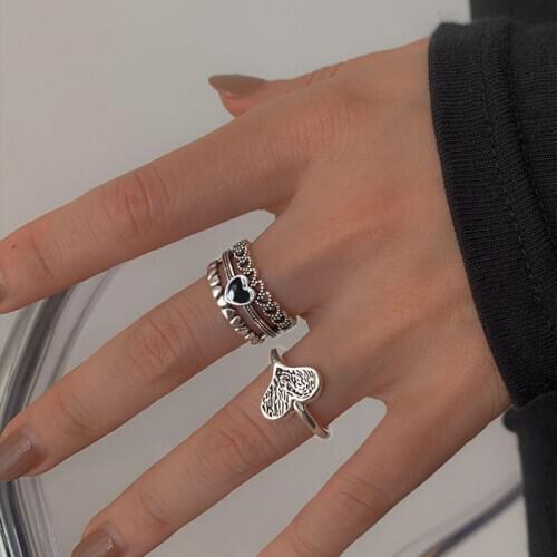 XIYANIKE 925 Sterling Silver Black Love Heart Multi-layer Ring Female Unique Design Fashion Light Luxury Exquisite Retro Couple