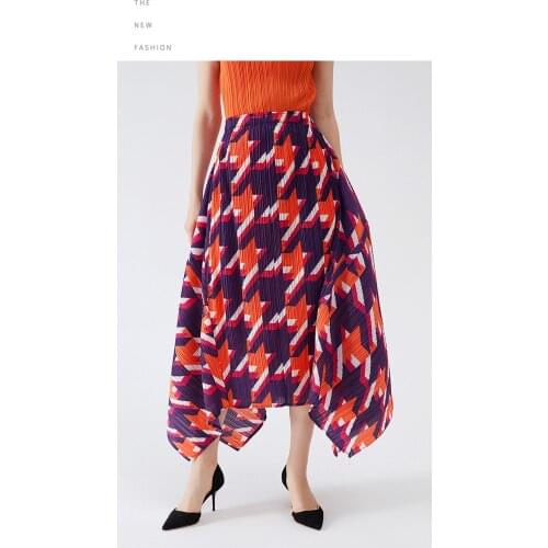 HOT SELLING Miyake lace elastic waist pleated Plaid printing skirt A-Line skirt IN STOCK