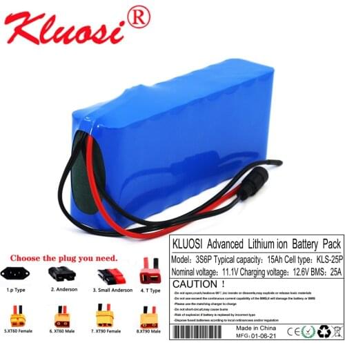 KLUOSI 10.8V 12V 15Ah 3S6P Large Capacity 12.6V Lithium Battery Pack with 25A BMS LED Lamp Light Backup Power Electrical Tool