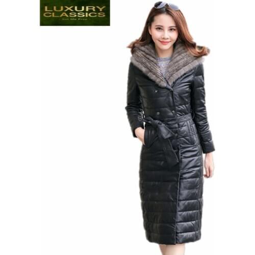 PU 2021 Warm Female Leather Duck Down Jacket Mink Fur Hooded Coat Black Plus Size 5XL Womens Outerwear abrigos CJ419