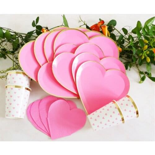 Pink Heart Disposable Tableware Set Paper Plate Paper Paper Cup Birthday Party Festival Celebration