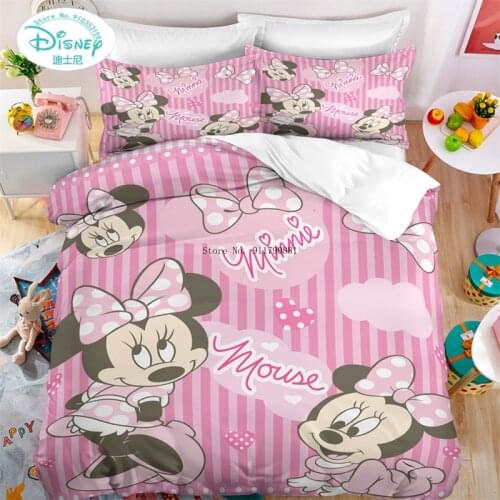 Disney Stripe Pink Down Quilt Cover Quilt Cover Pillowcase Bedding Set Cartoon Mickey Minnie Cute Print Children Bedroom Decor