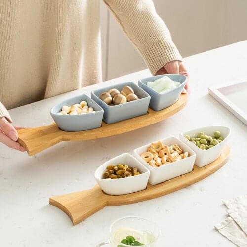 Nordic simple matte glazed ceramic snack bowl platter creative fish-shaped inventory heart dish with wooden base set