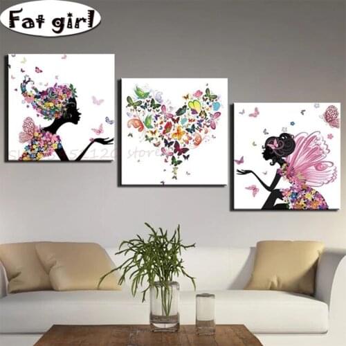 Triptych Art Prints Diamond Painting Butterfly Love 5D Square Round Drill Girl Love Heart Mosaic Cross Stitch Home Decoration