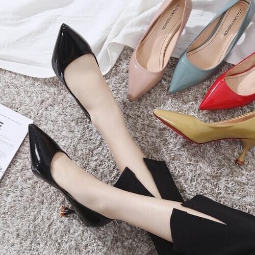 2018 new Korean fashion versatile patent leather shallow mouth high heels pointed trend comfortable high-heeled shoes