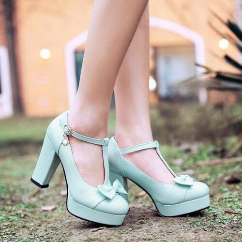 XJRHXJR Spring T Strap Women Bowtie Shoes Fashion Pu Leather Princess Platform Pumps Ladies High Heel Lolita Shoes Size 33-43