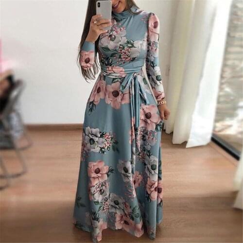 Party Dresses Fashion Women Printed High Collar Long Sleeve Big Hem Vestido Casual Maxi Dress Plus Size Elegant Long Dress Mujer