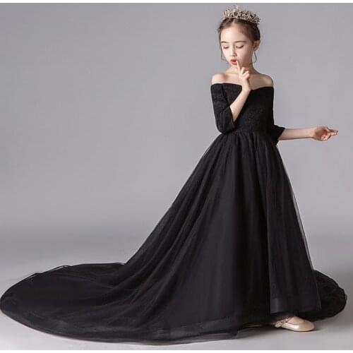 High-end Sexy Mesh stitching evening dress Kids Catwalk shoulderless princess ball gown birthday party dress for girls Y3310