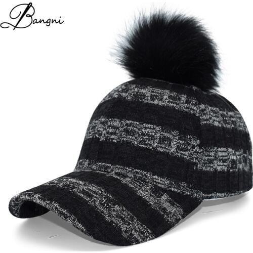 New Winter 100% Cotton Knitted Baseball Cap For Women Bone Hip Hop Sport Hat Spring Fur Pompom Adjustable Hats Dad Hat Gorras