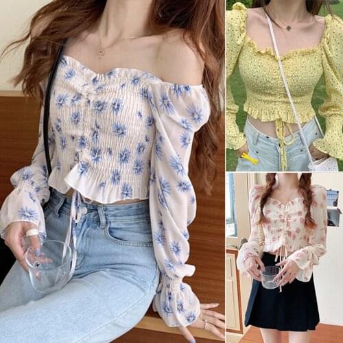 WomenS Summer Chiffon Shirts Sweet Style Floral Print Slash Neck Blouses Sexy Pleated Puff Long Sleeve Tops