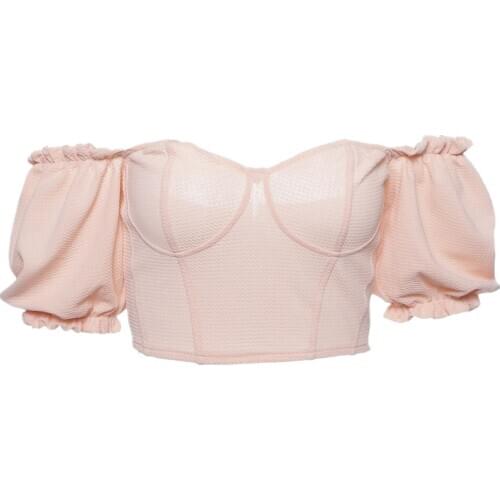 Women Sexy Off Shoulder Short Sleeve Crop Tops Sweet Girls Puff Sleeve Frilly Pink Blouses Summer Ruffles Ballet Short Tops