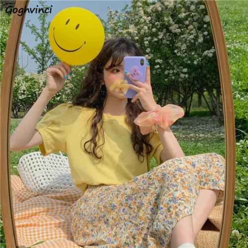 Women Sets Summer Elegant Korean Style Straight Floral Skirts Puff Sleeve Loose Tshirts Slim Casual Mori Girls Trend Ulzzang Hot