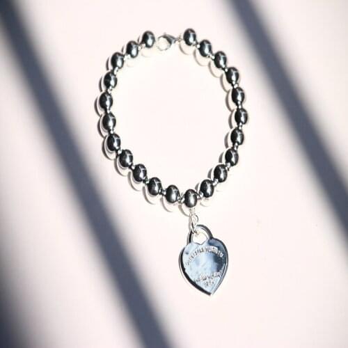 Womens Classic Fashion Heart Pendant 8mm Round Bead Bracelet S925 Sterling Silver Original Brand High Quality Jewelry Logo Gift