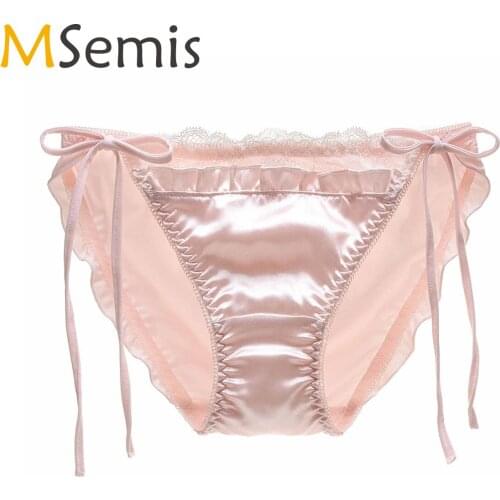 Women Lace Trim Sexy Satin Briefs Ladies Side Bandage Exotic Lingerie Pleated Panties Low Waist Elastic Waistband Underwear