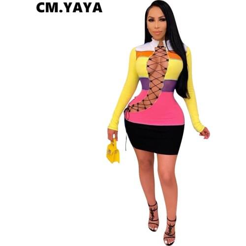 CM.YAYA Women Dress Bandage Patchwork Full Sleeve Stand Collar Sheath Elastic Mini Dresses Office Lady High Street Outfit Spring