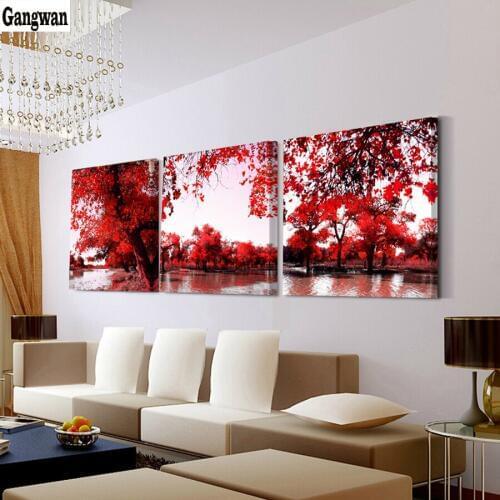 Full DIY 5D Diamond Painting Season Autumn Tree Cross Stitch Diamond Embroidery Red Leaf Patterns rhinestones Mosaic 3 pcs art