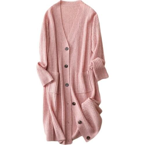 Hollow Out High-Quality Cashmere Prairie Chic Knitted Long Cardigan Single Breasted Solid V-Neck Vintage Sweater Pink