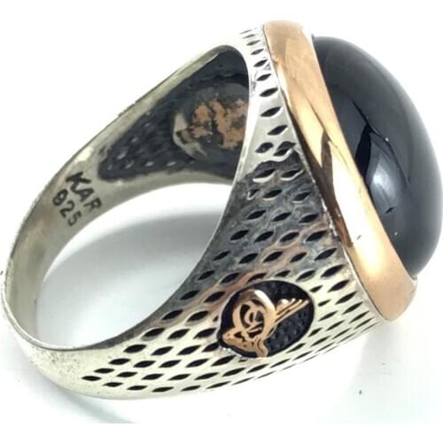 LARGE MIDDLE ROUND BLACK Gemstone PATTERNED Muslim Tattoo Ring 925 SILVER CHIC SIDES BRICK PATTERNED Fathers Gift Fashion Men J