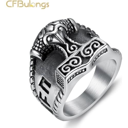 CFBulongs 316L Stainless Steel Norse Myth Thors Hammer Ring Suitable For Men Fashion Jewelry Boys Gifts