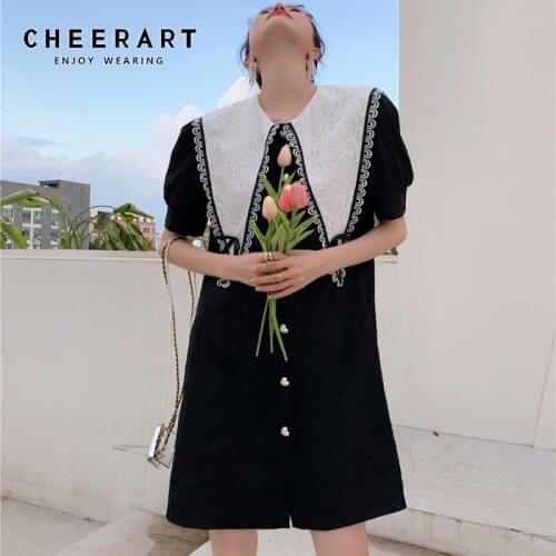 CHEERART Texture Black Sailor Collar Button Up Summer Dress 2021 Lantern Sleeve Designer Korean Fashion Mini Dress Clothing