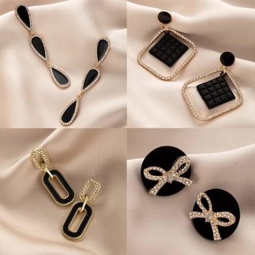 HuaTang Elegance Crystal Bow-Knot Drop Dangle Earring for Women Luxury Black Stone Geometric Long Earring Party Jewelry Gift